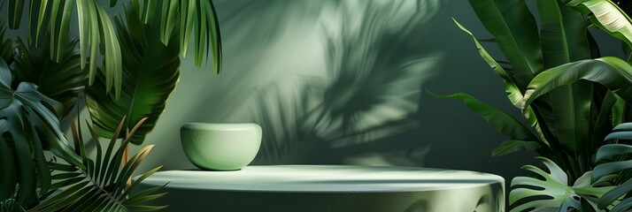 Wall Mural - Minimalist green ceramic bowl on white pedestal surrounded by lush tropical foliage, creating a serene and stylish composition with soft shadows.