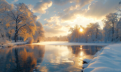 Wall Mural - A snowy landscape with a river and trees. The sun is setting, casting a warm glow on the water