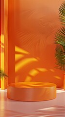 Wall Mural - Tropical minimalist product display with orange podium and palm leaf shadows, creating a warm, inviting atmosphere for showcasing items in style.