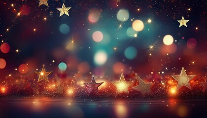 Christmas abstract glitter background with blinking stars, blurred bokeh of Christmas lights, happy new year banner, merry christmas banner