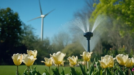 A colorful tulip field is being irrigated by a sprinkler while a charming windmill looms in the background, highlighting the beauty of rural agriculture