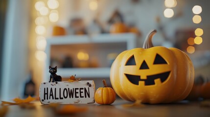 Wall Mural - Close-Up of Halloween Decorations: Jack-o'-Lantern, Sign, and Miniature Figurine