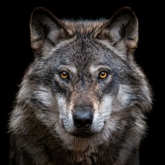 Dark gray wolf canis lupus looking straight at the camera in the dark on a black background