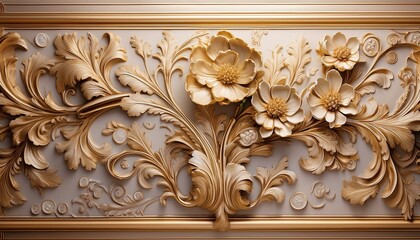 Decorated plaster wall with gold decorations and voluminous decorative flowers