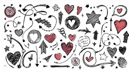 Wall Mural - Decorative brush arrow, star, heart. Hand drawn doodle sketch style circle, cloud speech bubble. Modern illustration. Arrow, star, heart brush decoration.