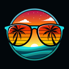 Eye-catching beach scene inside of sunglass view, vector illustration for t-shirt design