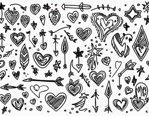 Wall Mural - Doodle heart, arrow, star, sparkle decoration set icon. Simple sketch line style emphasis, attention, pattern elements. Modern illustration.