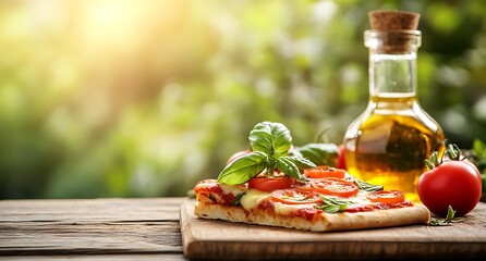 Pizza Slice with Tomatoes, Basil, and Olive Oil on Wooden Table