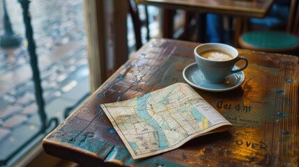 A warm cup of coffee and a detailed map are placed on a wooden table