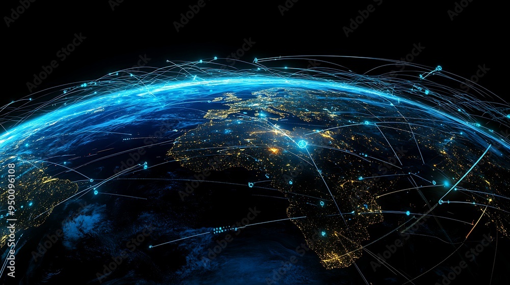 A visualization of global digital network connections across the Earth ...