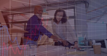 Poster - Animating financial data charts, diverse business professionals discussing project in office