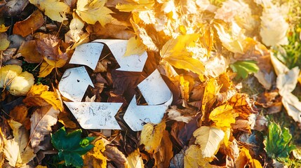 Wall Mural - A white recycling symbol lays amongst fall leaves.