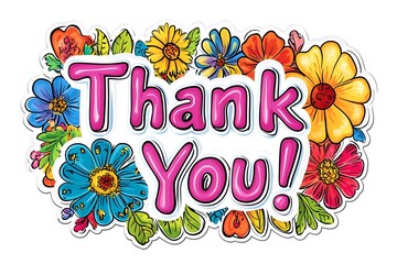 Wall Mural - Vibrant Thank You! Sticker with Colorful Flower Design on White Background - Cheerful Vector Illustration for Gratitude Clipart