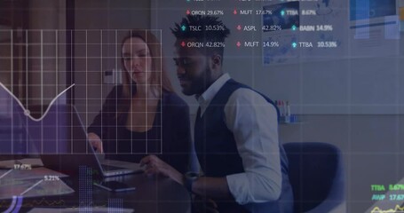 Poster - Financial data processing animation over business professionals working on laptops