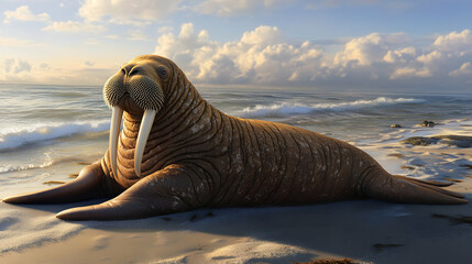 Wall Mural - A walrus basking on a sunlit, sandy beach, with the sunlight highlighting the texture of its skin and the impressive length of its tusks