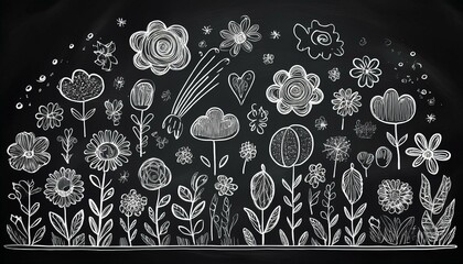 Wall Mural - Hand drawn doodle sketch children cute modern school chalk background. Kids doodle crayon style line flower, cloud doodle pattern. Modern illustration.