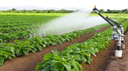 A mechanical watering system sprays water on a lush potato crop field. The underground machine, equipped with copper pipes, efficiently nourishes the growing plants