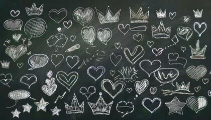 Wall Mural - Highlights, underlines, emphasis marks, line shapes, scribbles, hearts, speech bubbles, crowns drawn on chalkboard with a marker and brush. Modern illustration.