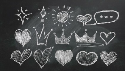 Wall Mural - Highlights, underlines, emphasis marks, line shapes, scribbles, hearts, speech bubbles, crowns drawn on chalkboard with a marker and brush. Modern illustration.