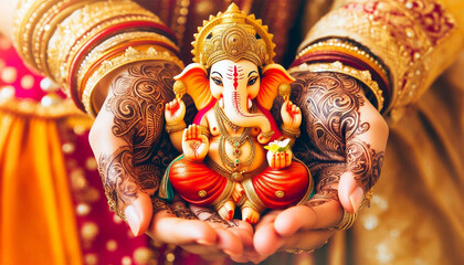  beautiful indian woman holding lord ganesha sculpture in hand