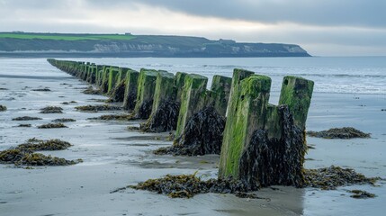 Wall Mural - Seaweed-covered groynes at Sandsend, Yorkshire