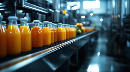 A modern fruit juice production plant with fresh fruits being pressed, pasteurized, and bottled in a sleek, automated process.