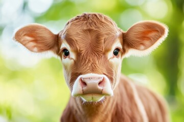 A young brown cow with big eyes and a white nose. The cow is looking directly at the camera