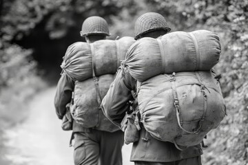 Soldiers dressed as World War II Russian Soviet Red Army soldiers marching through a forest in black and white. Soldiers of WWII WW2 times.