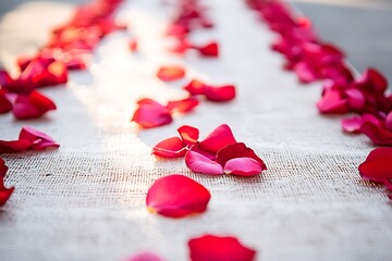 Wall Mural - Scattered Rose Petals on a White Burlap Surface