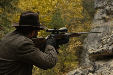 Hunting in the forest with a rifle with a telescopic sight