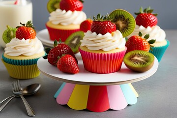 Wall Mural - Delightful Vanilla Cupcake with Fresh Strawberries and Kiwi on a Colorful Paper Stand