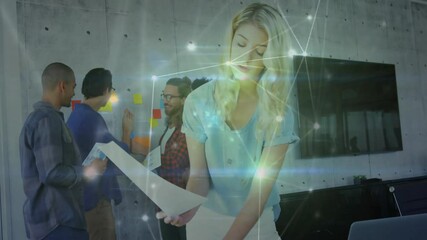 Poster - Network connections animation over diverse business team collaborating in office