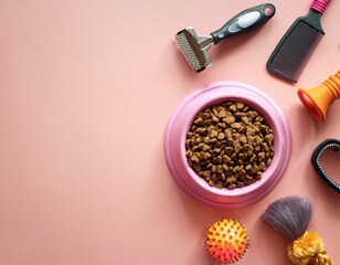 Wall Mural - Pet supplies, bowl of kibble, grooming tools on pastel pink background. Flat lay, top view, copy space.