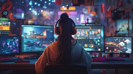 Poster - Woman in Headphones Focused on Multiple Computer Screens