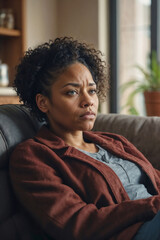 Wall Mural - Face of depressed sad pensive middle age Afro American woman is sitting on a couch, she is very lonely