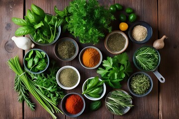 Beautifully Arranged Fresh Herbs and Spices on a Rustic Table for Flavorful and Nutritious Meals