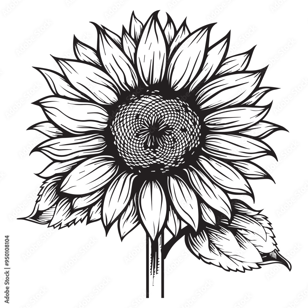 Hand-Drawn Sunflower Vector Illustration in Black and White Engraved ...