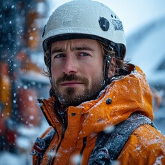 Giovane ingegnere con gilet alta visibilitÃ  e casco bianco, controllando impianto eolico in montagna. 