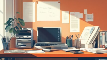 Aufkleber - A Desk with a Laptop, Printer, and Papers in a Sunlit Room
