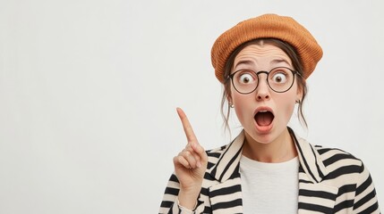 Parisian woman, stunned and wide-eyed, gestures to a hidden surprise.