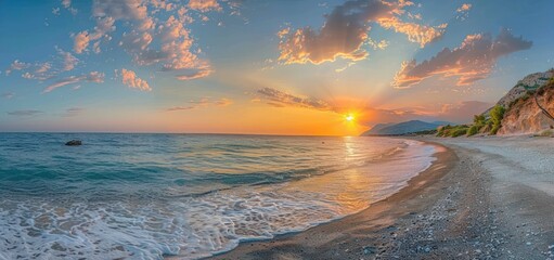 Wall Mural - Golden Sunset Over the Calm Ocean and Beach