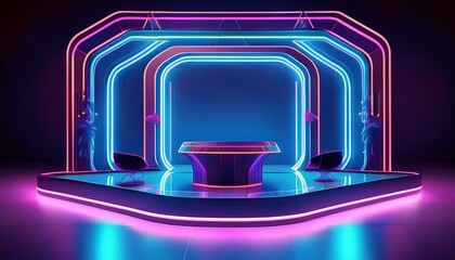 Wall Mural - Symbol of futuristic convention, demonstration booth product in neon color. Stock image