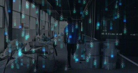 Poster - Walking through industrial workspace, person with binary code animation overlay