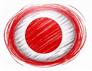 Wall Mural - The sun frame is framed by brushstrokes in red. The circle is scribbled in red with rough texture. The japanese flag is stamped with grunge crayon. The illustration is in pencil and marker strokes.