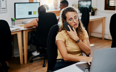 Aufkleber - Woman, phone call and laptop for notes in office, campaign consultant and networking target audience. Female person, talking and online for public engagement research, plan and coworking workplace
