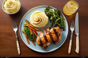 Wall Mural - Delicious Grilled Chicken Platter Served with Creamy Mashed Potatoes and Fresh Stir Fried Vegetables