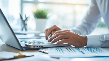 Poster - Close-up of a Person's Hand Using a Laptop with Charts in the Foreground