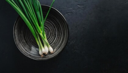 Canvas Print - Green onion in a bowl on a black background, top view, copy space 