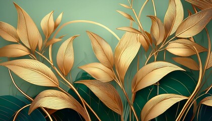 With its luxurious gold leaves and plants, its bamboo curves and green background, the wallpaper is a painting, background, modern art and nature.