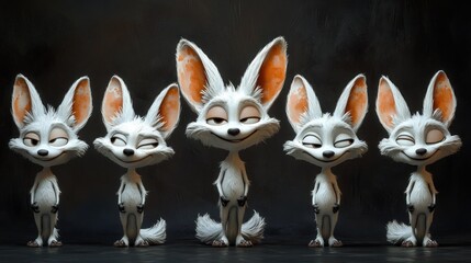 Poster - A group of stylized cartoon rabbits with expressive faces and large ears.